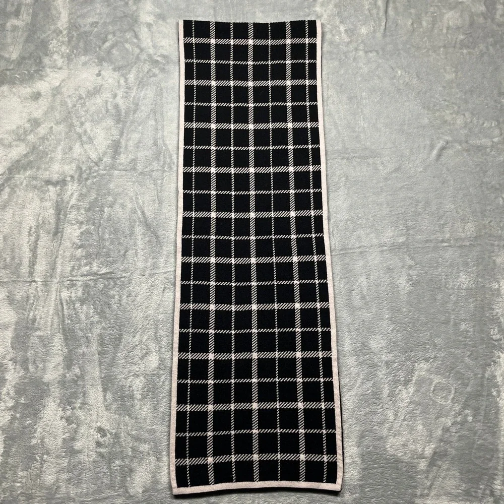 Coach‎ Scarf Black Ivory Reversible Plaid Wool Cotton Knit Leather Logo